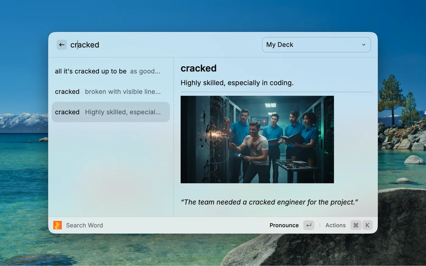 Raycast extension showing a Inoh card for the word 'cracked'